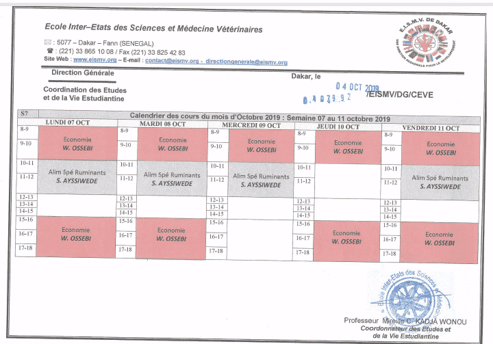 Calendrier des cours S7 : du 07 au 11 octobre 2019
